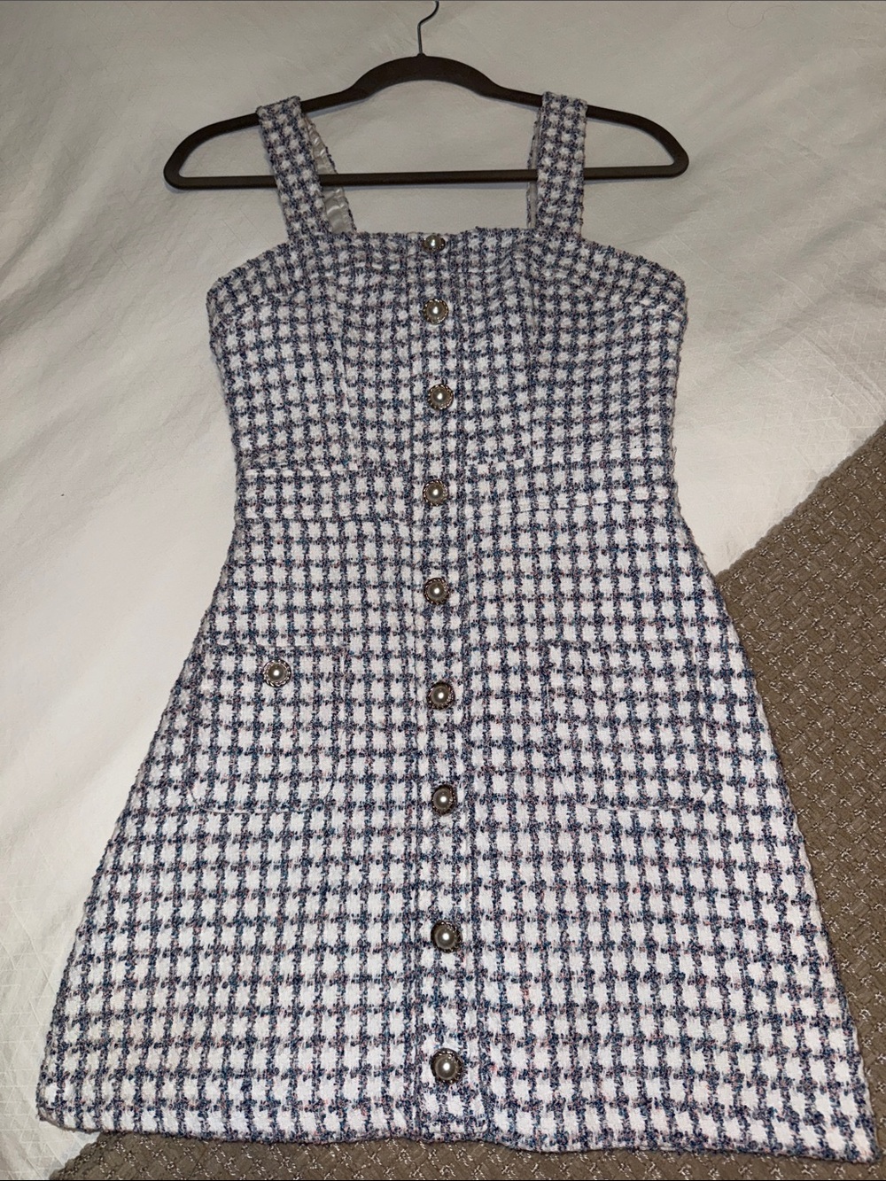 Amanda Uprichard Blue and White Check Button-Front Mini Dress